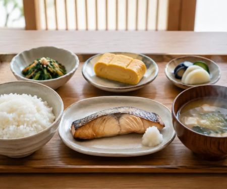 Japanese Breakfast Sets: Rice, Soup, Fish, and Sides